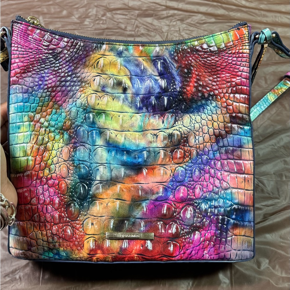 Brahmin Blue and Red Shoulder Bag with Textured Leather